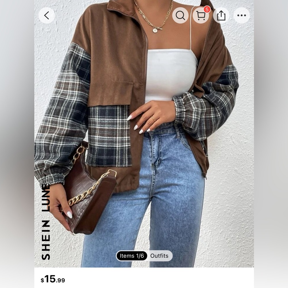 SHEIN LUNE Plaid Panel Drop Shoulder Jacket